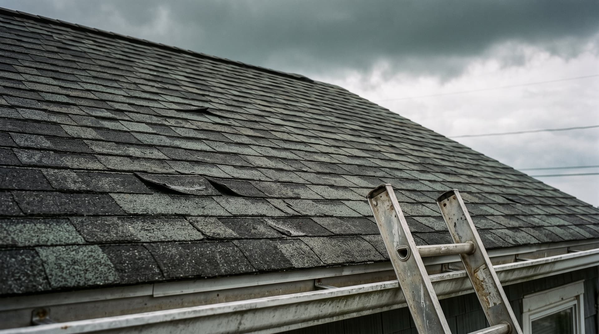 Storm-worn asphalt shingle roof with granule loss and a ladder at the drip edge on an Ocean County NJ home before roof replacement