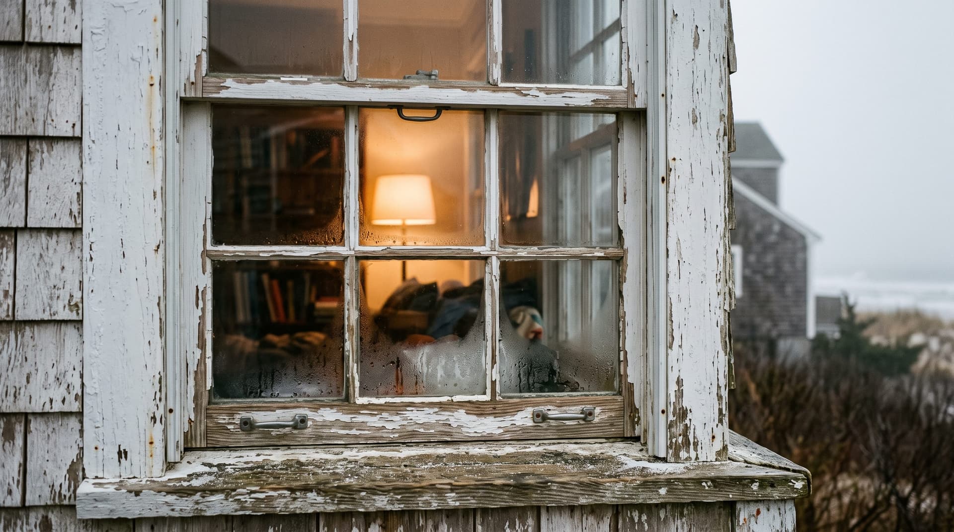 Signs you need new windows on an Ocean County NJ shore house: a fogged double-hung window with a failed glass seal